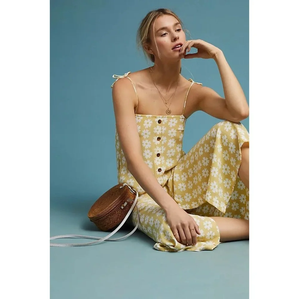 Anthropologie Faithfull the Brand Arrieta Daisy Midi Slit Dress Tie Strap Size 4